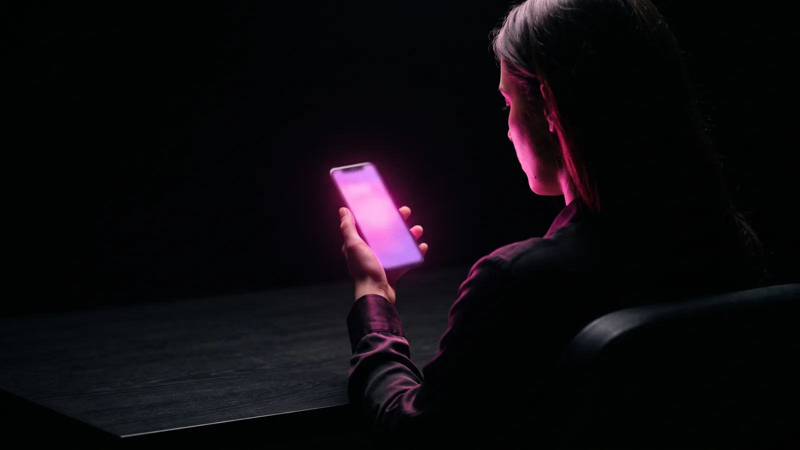 A person seen from behind at a dark desk, face lit hot pink by a phone whose screen is blurred and unreadable, asking an AI assistant to check if a message is a scam