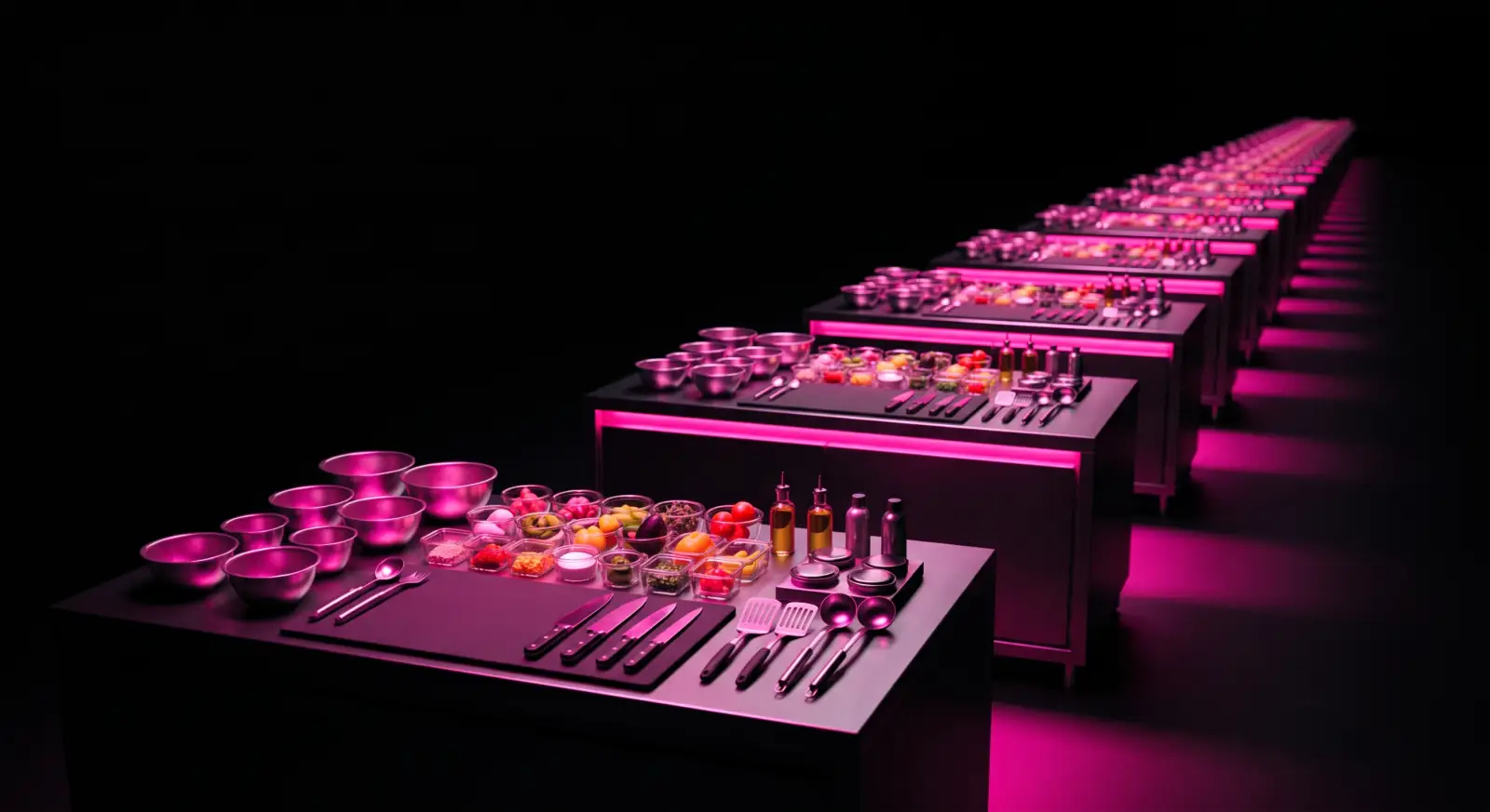 A disciplined row of kitchen prep stations lit in hot pink, secure by construction as mise-en-place
