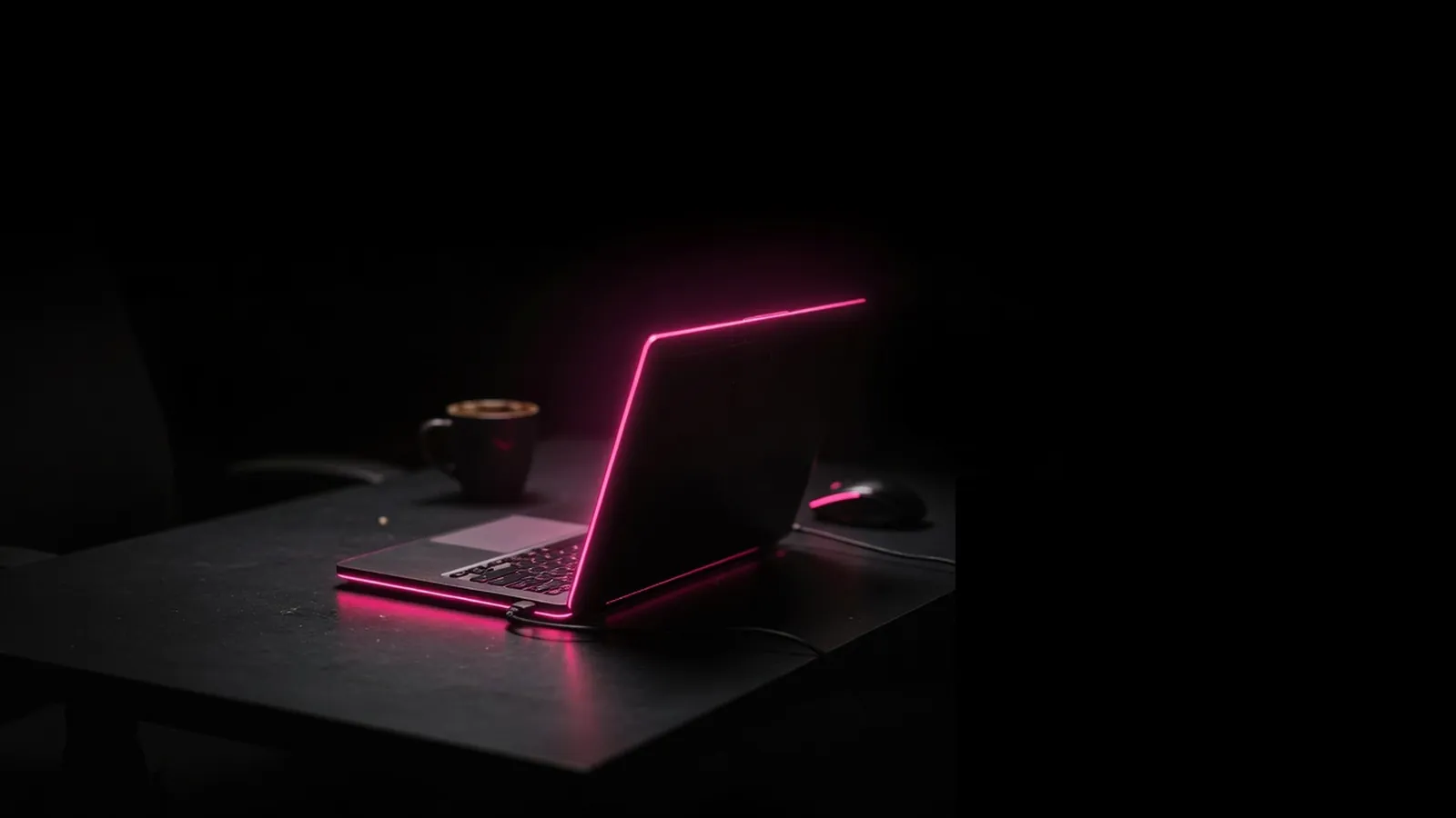 Empty desk and magenta-rimmed laptop on black, what self-hosting actually costs in operator hours