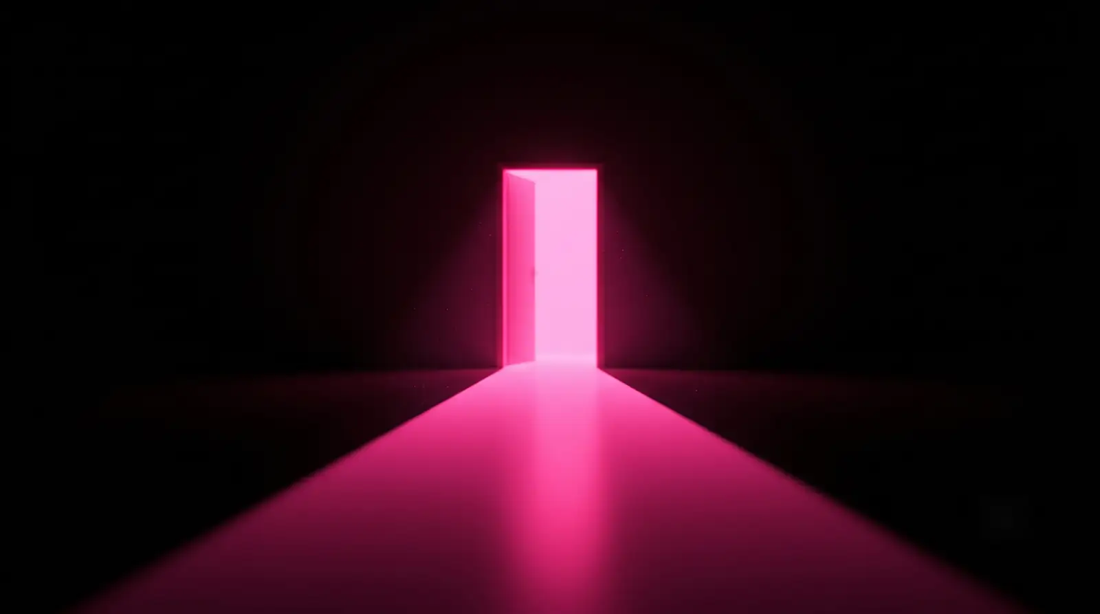 A hot-pink doorway of light opening in deep black with an inviting path, illustrating governing shadow AI by enabling a sanctioned path