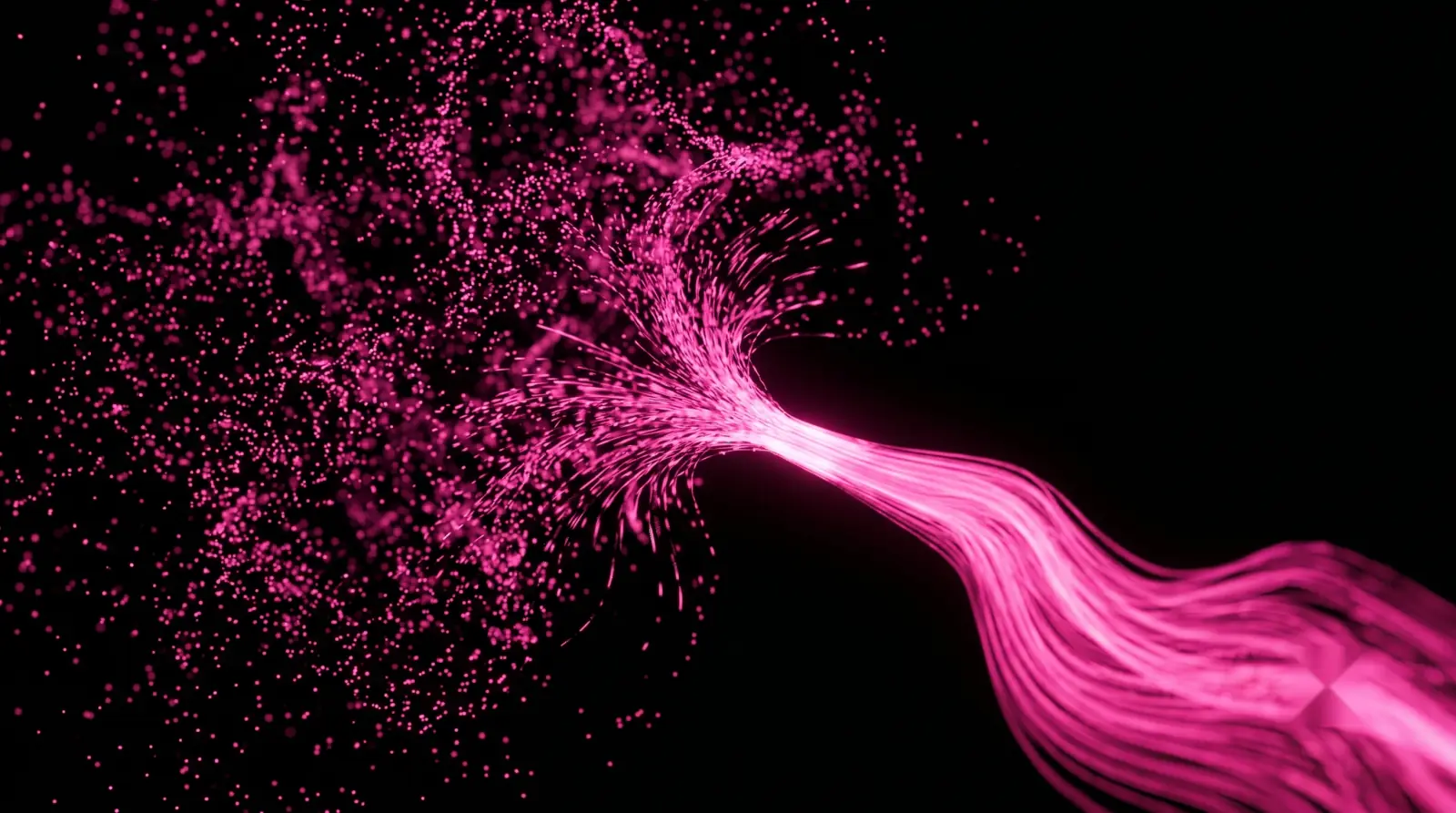 Scattered hot-pink motes gathered into one organized luminous stream, scattered data brought under governance to address shadow AI risk