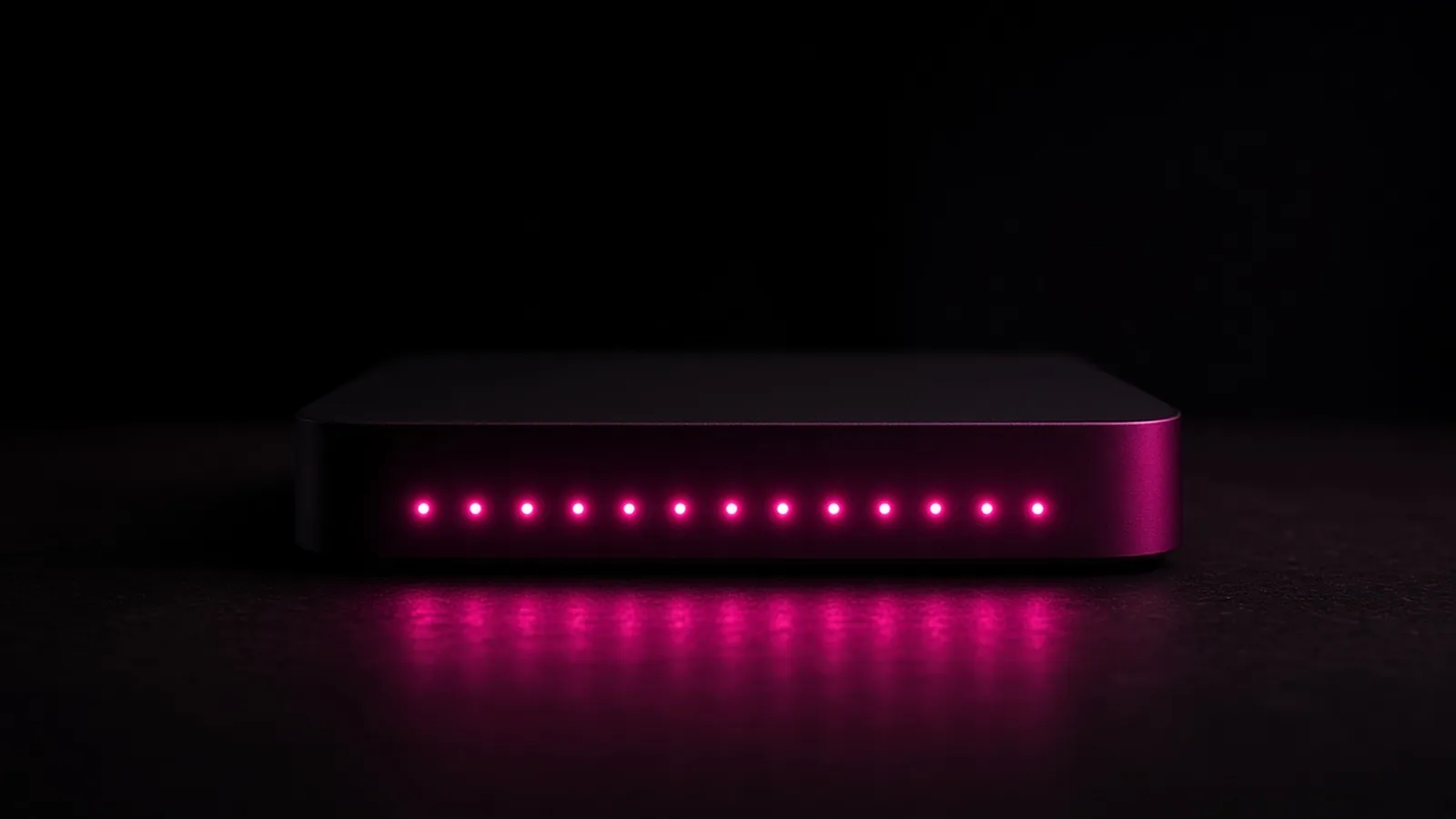 A compact network router on a dark desk with a row of hot pink status lights, the service behind Shrewsbury business internet
