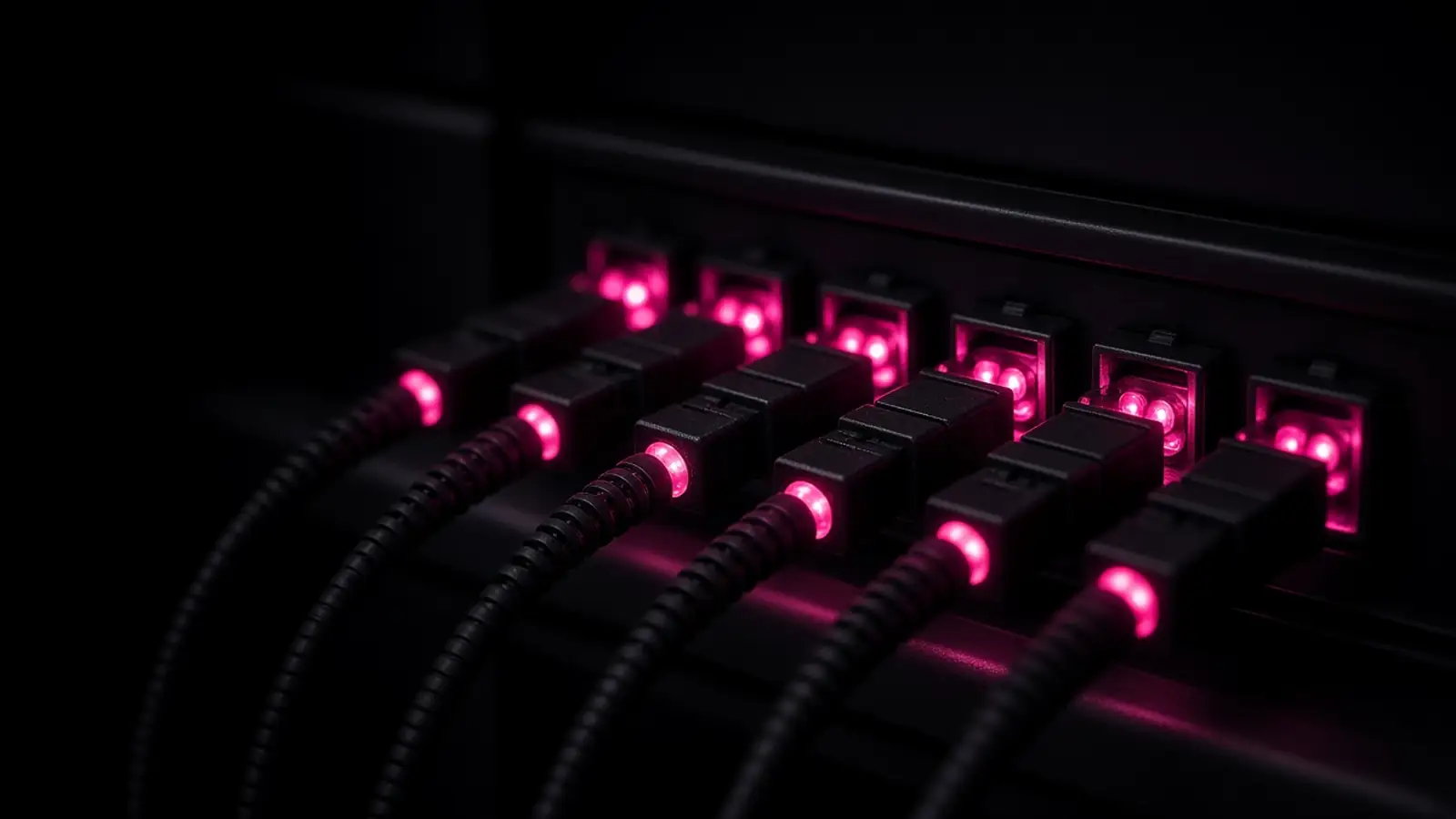 Fiber optic cable ends glowing hot pink in a dark network cabinet, Shrewsbury business internet over municipal fiber