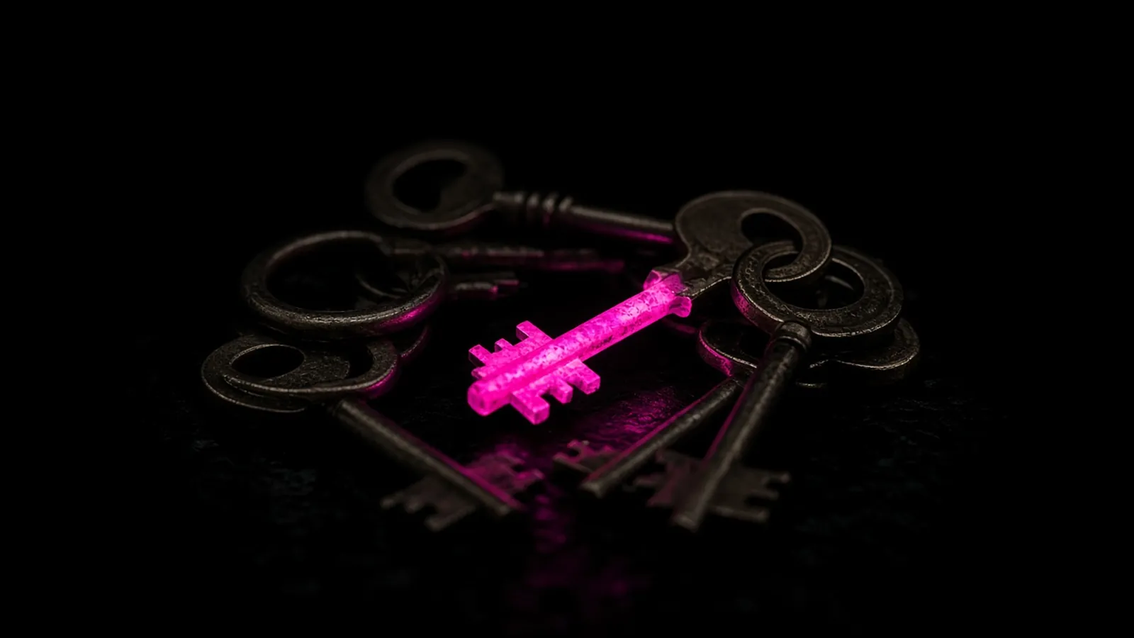 A ring of brass keys on a dark surface with one key glowing hot pink, account ownership when opening a business location in Shrewsbury