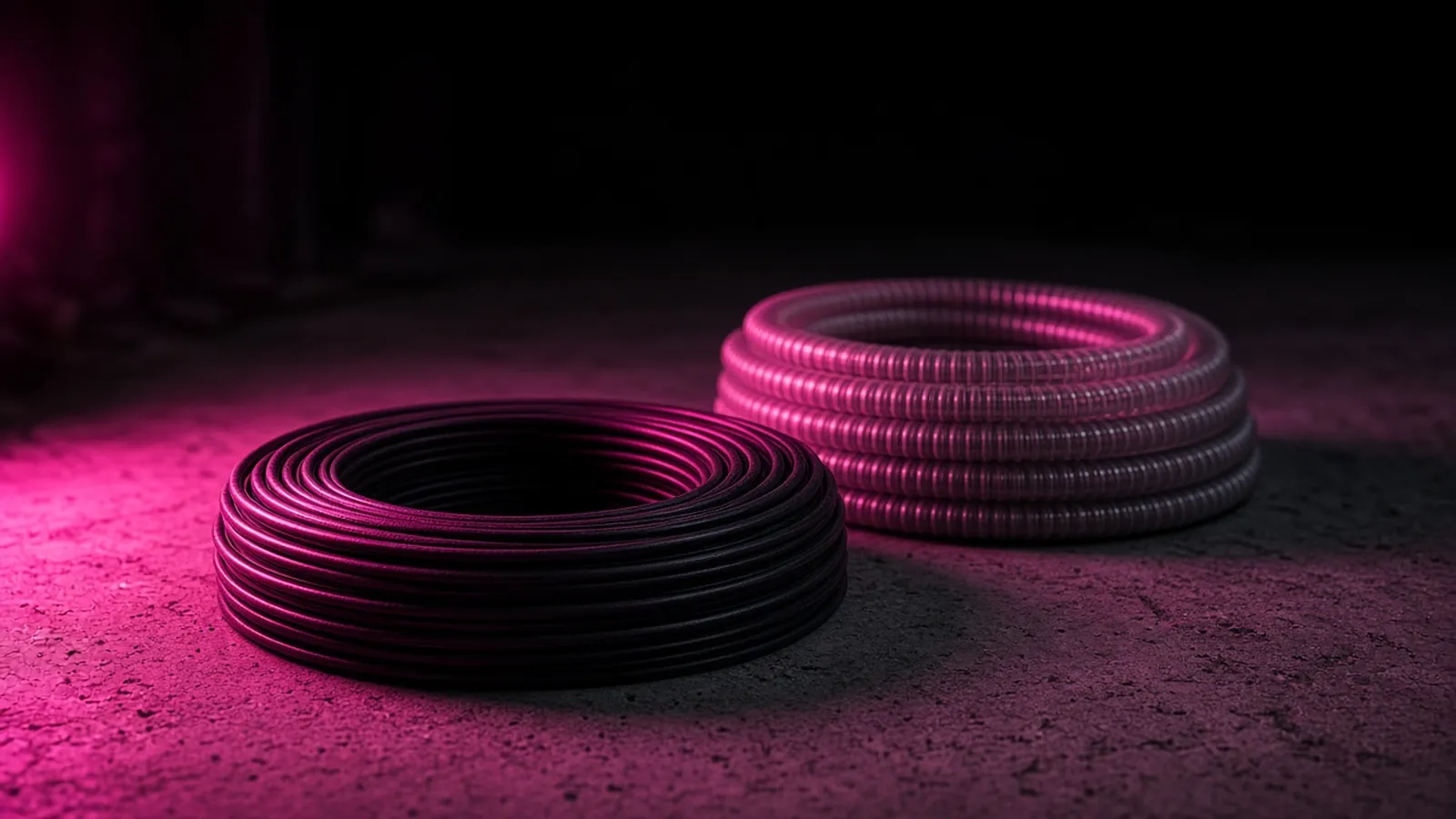 Coils of new network cable and conduit on a bare concrete floor under a hot pink work light, cabling rights when opening a business location in Shrewsbury