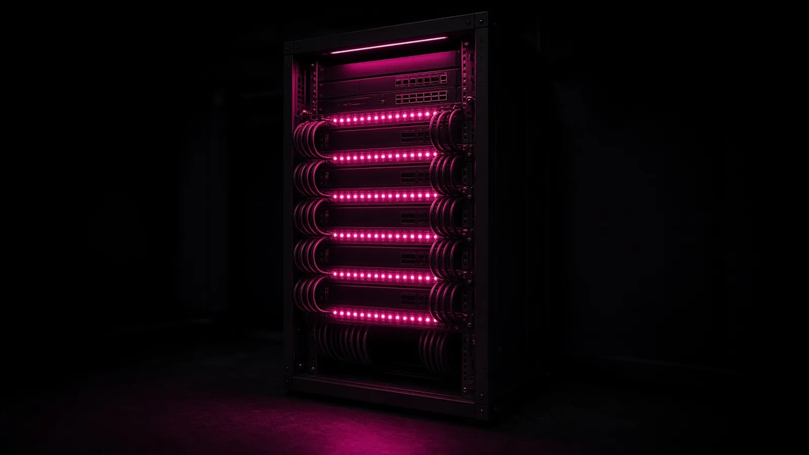 A neatly cabled network rack in a small dark room with hot pink indicator lights, planning network equipment when opening a business location in Shrewsbury