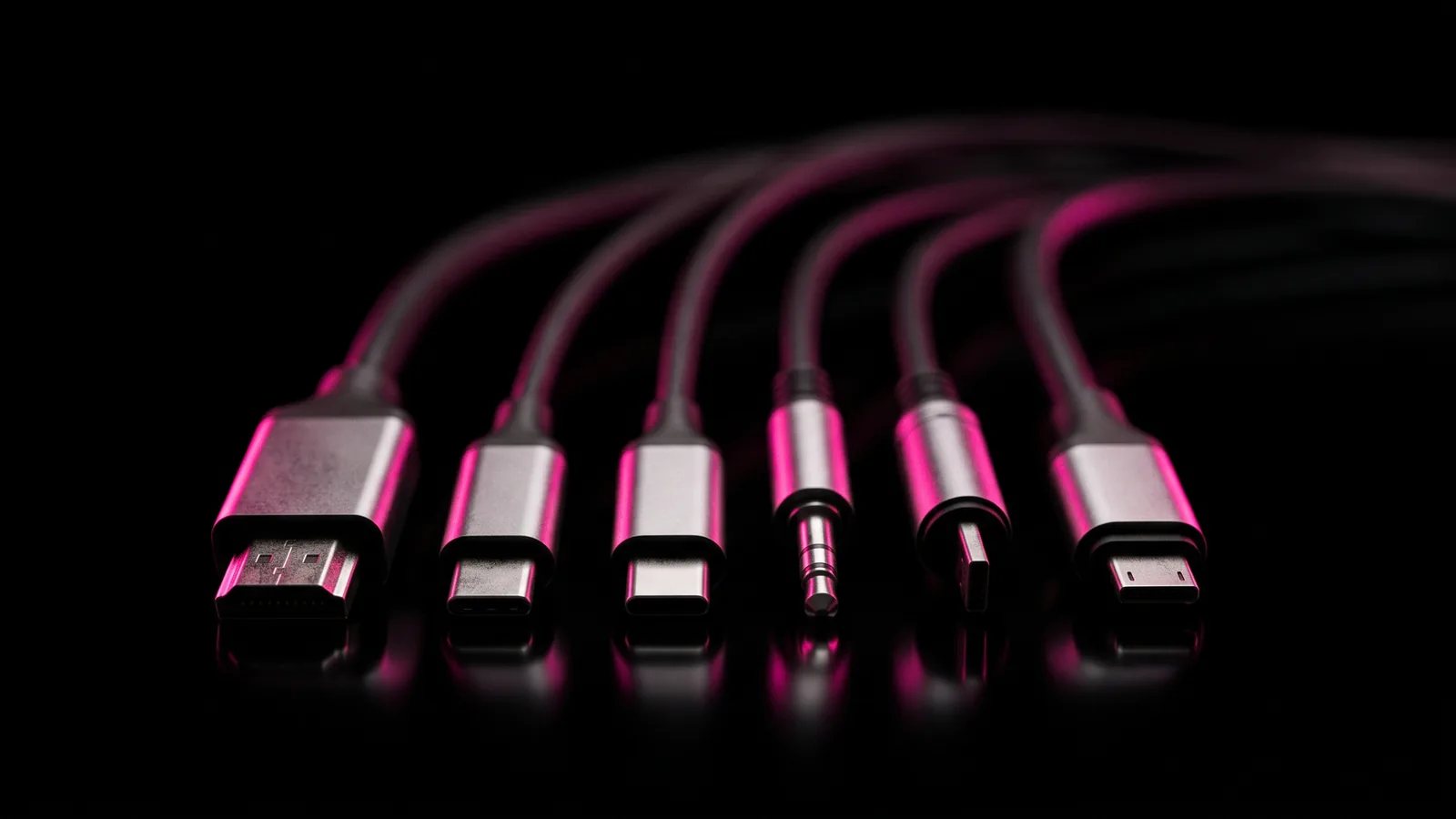 Unmarked cable connectors standing upright on black glass, tips lit hot pink, the integrations behind a quote