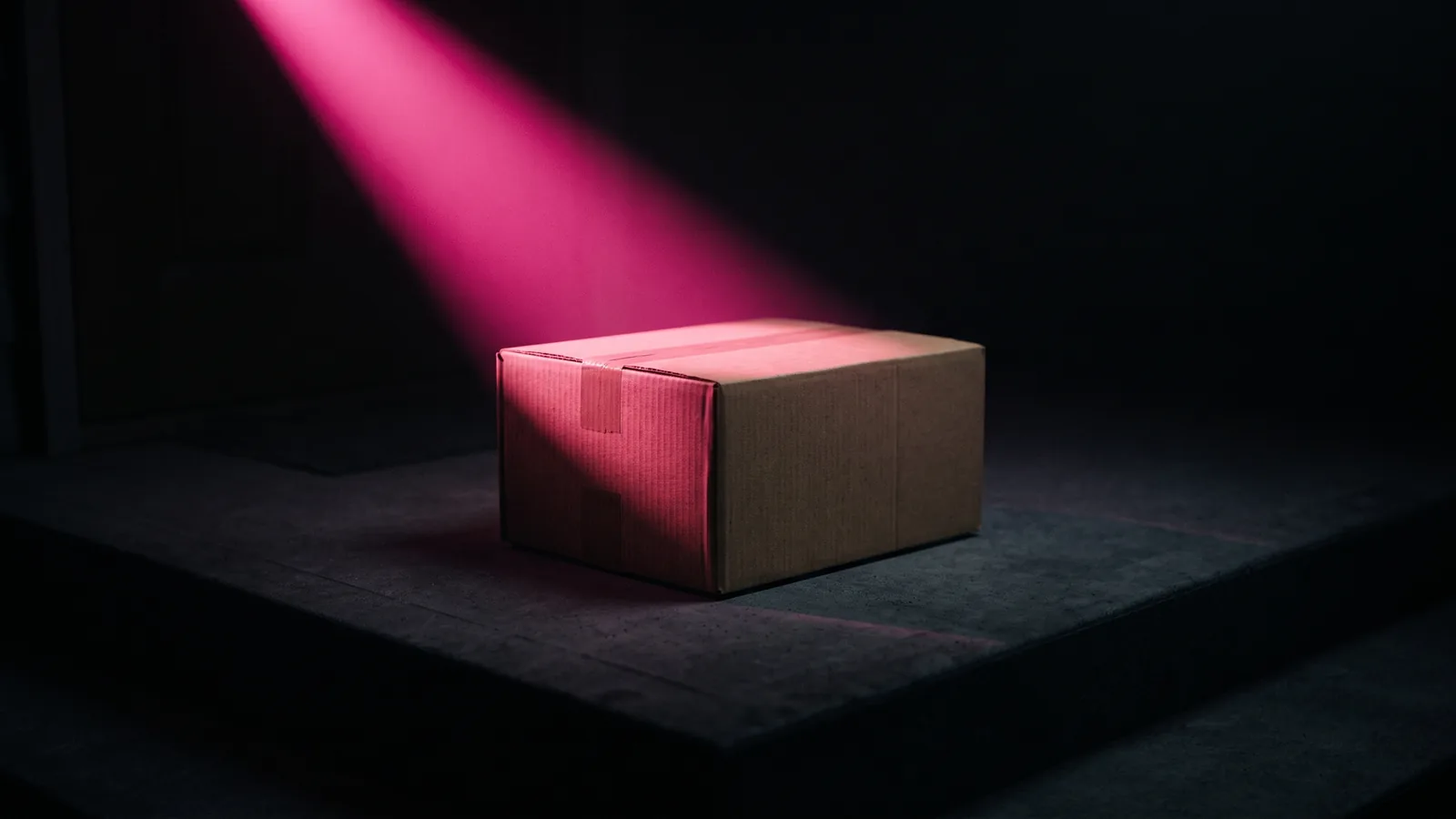 A plain cardboard parcel on a dark doorstep with a single hot pink light falling across it, the fake delivery notice behind many smishing texts