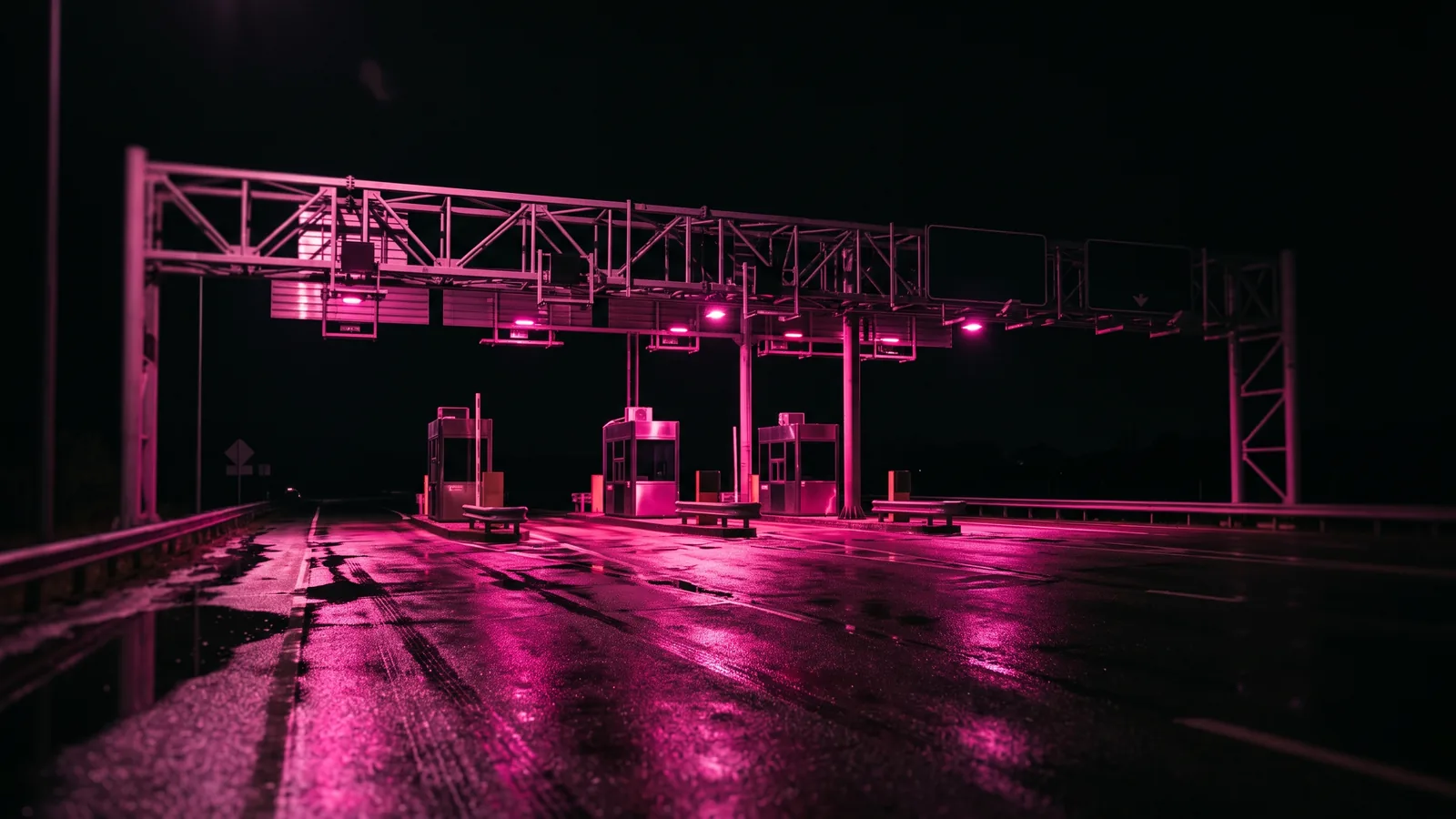 An empty highway toll gantry at night lit only by hot pink light over wet asphalt, the unpaid toll notice used in smishing