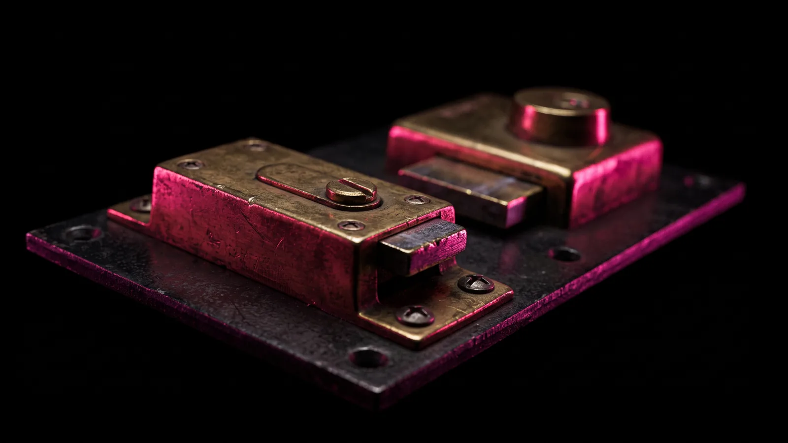Two heavy brass deadbolts mounted on a black steel plate, both engaged and rim-lit hot pink, two-factor authentication for every admin of company social media accounts