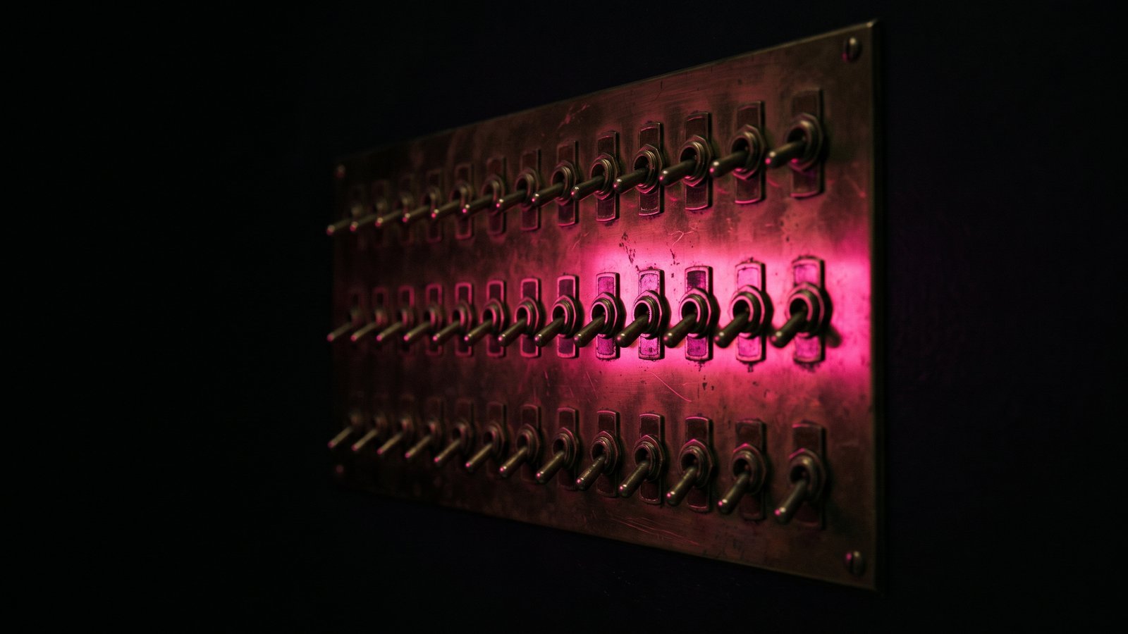 A vintage brass switchboard panel with rows of individual toggle switches, one row lit hot pink against black, the separate admin roles that keep company social media accounts safe