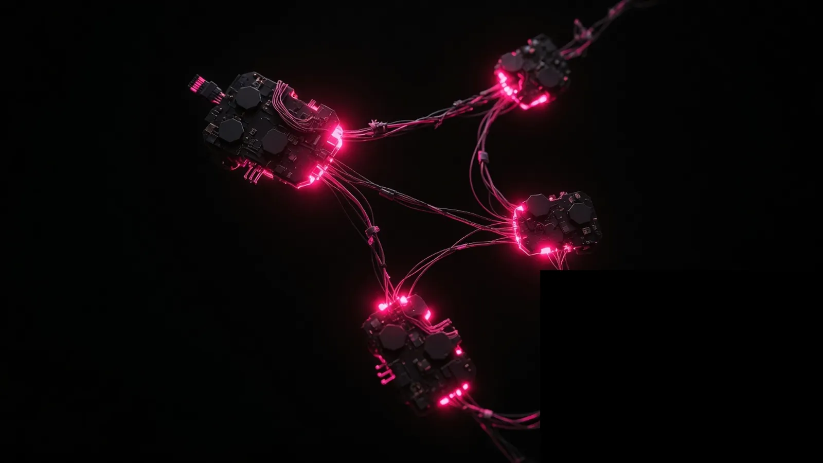 Four magenta nodes with tangled bridges on black, technology stack fragmentation cost growing with each vendor join