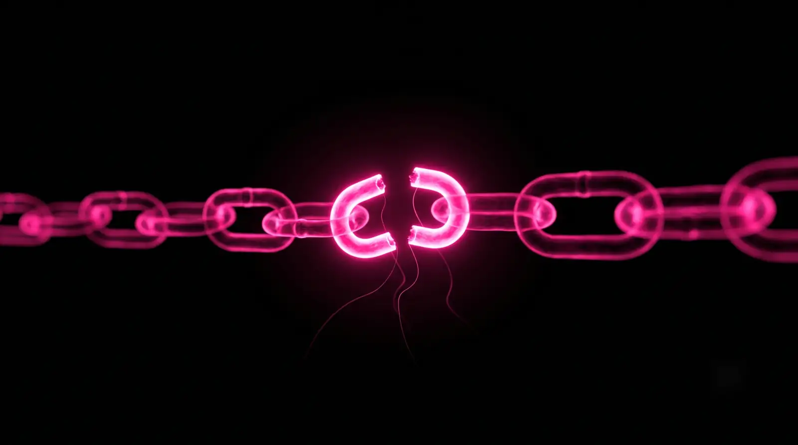 A chain of hot-pink light links against deep black with the central link broken and glowing brightest, illustrating software supply chain risk