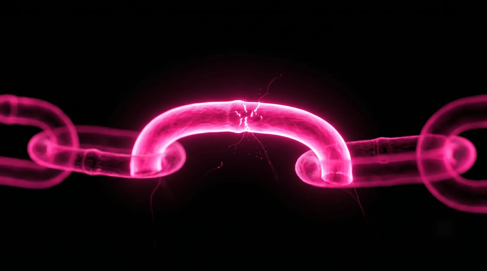 A single hot-pink chain link under tension with a hairline fracture, illustrating software supply chain risk concentrating at one weak point