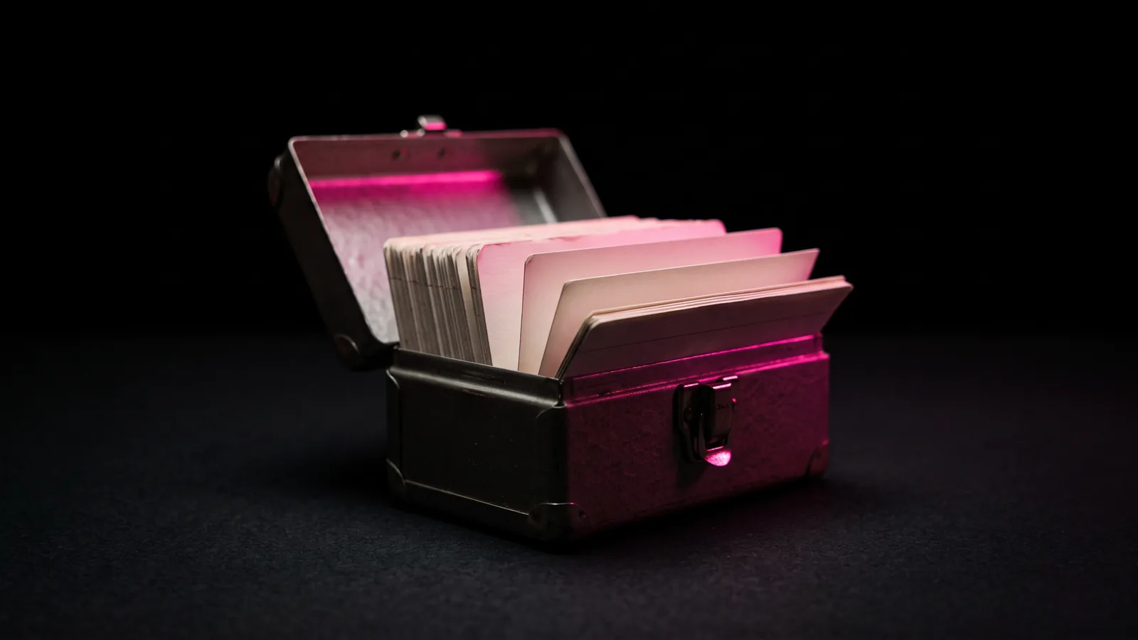 A small metal card index box with blank cards fanned open, glowing hot pink against black, the known-number callback list behind any suspicious email check