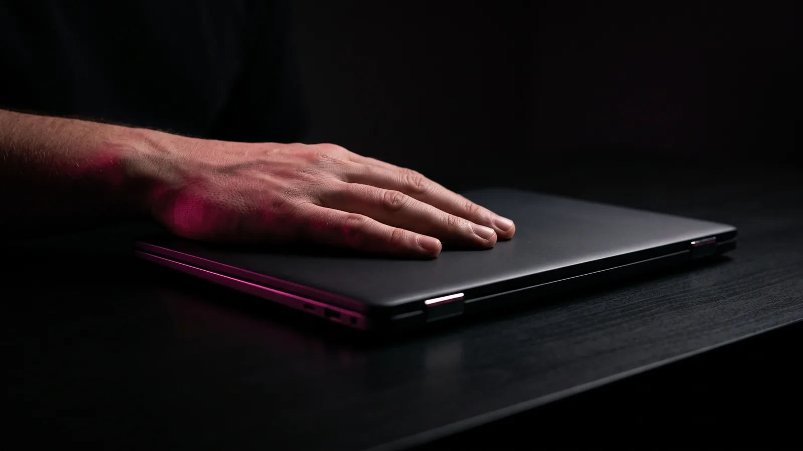 A hand resting flat on the closed lid of a laptop on a black desk, a hot pink light falling across the knuckles, pausing before acting on a suspicious email