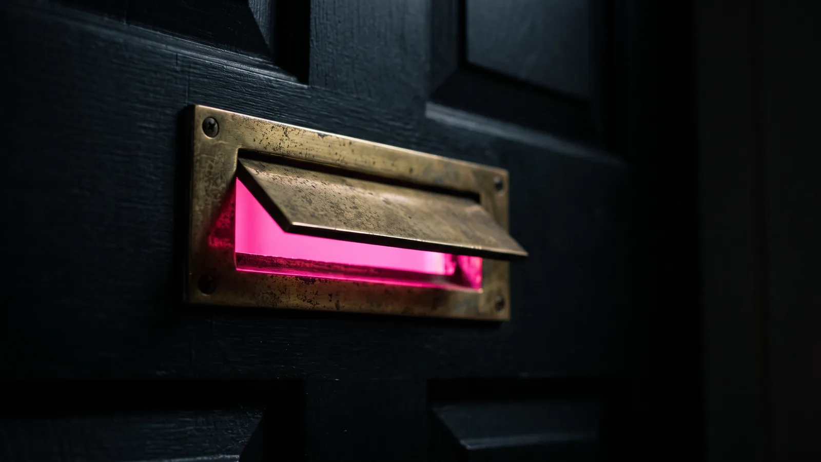 A brass mail slot in a black door with hot pink light glowing through the opening, reporting a suspicious email through the right channel