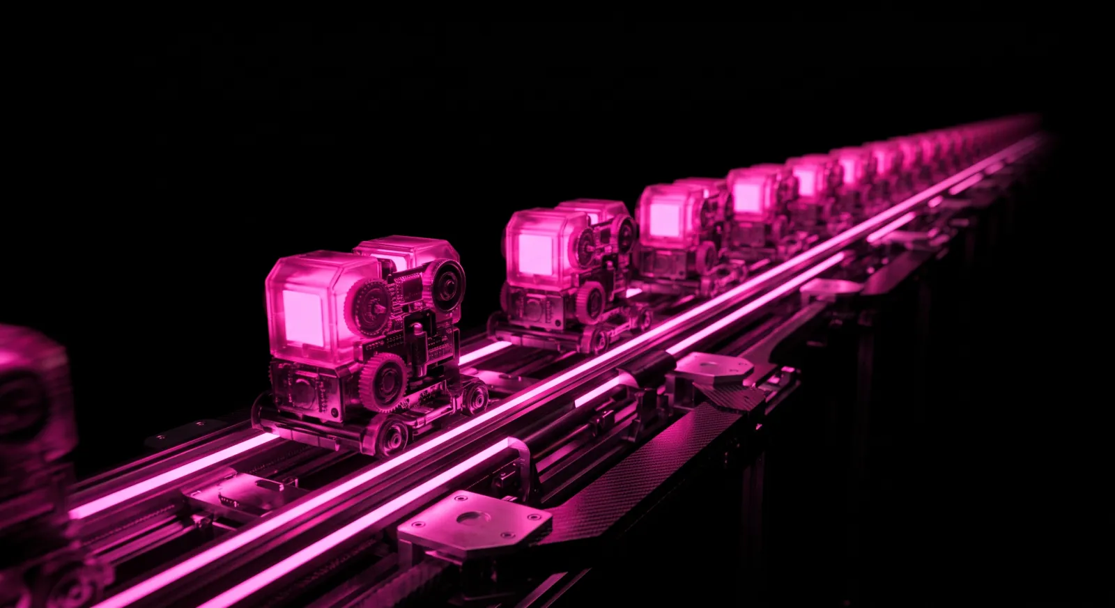A conveyor moving identical items, the kind of repetitive reversible work automation is built for