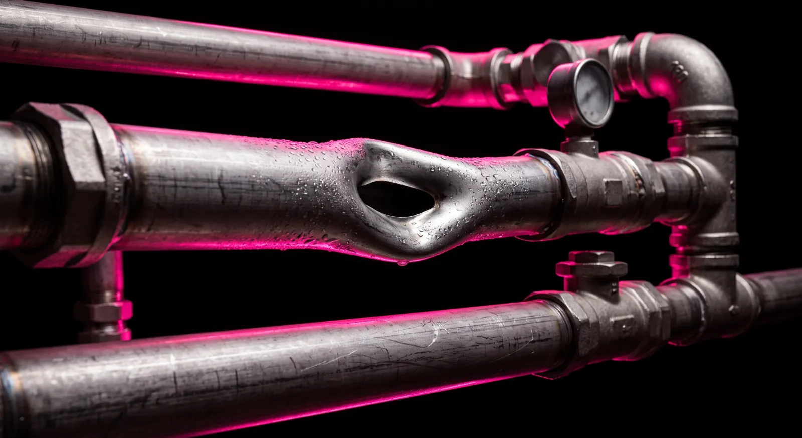 A pipeline with the first choke point widened and a new narrow point glowing further along