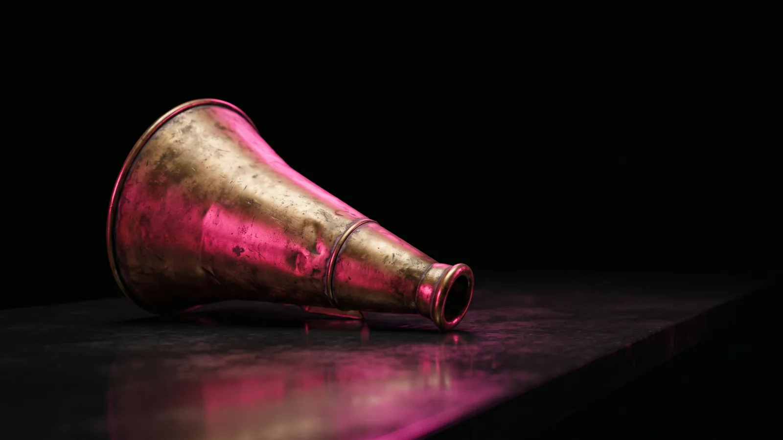 An old brass megaphone resting on its side on a dark counter, glowing under hot pink light, easy no-blame reporting as the alternative to annual security awareness training