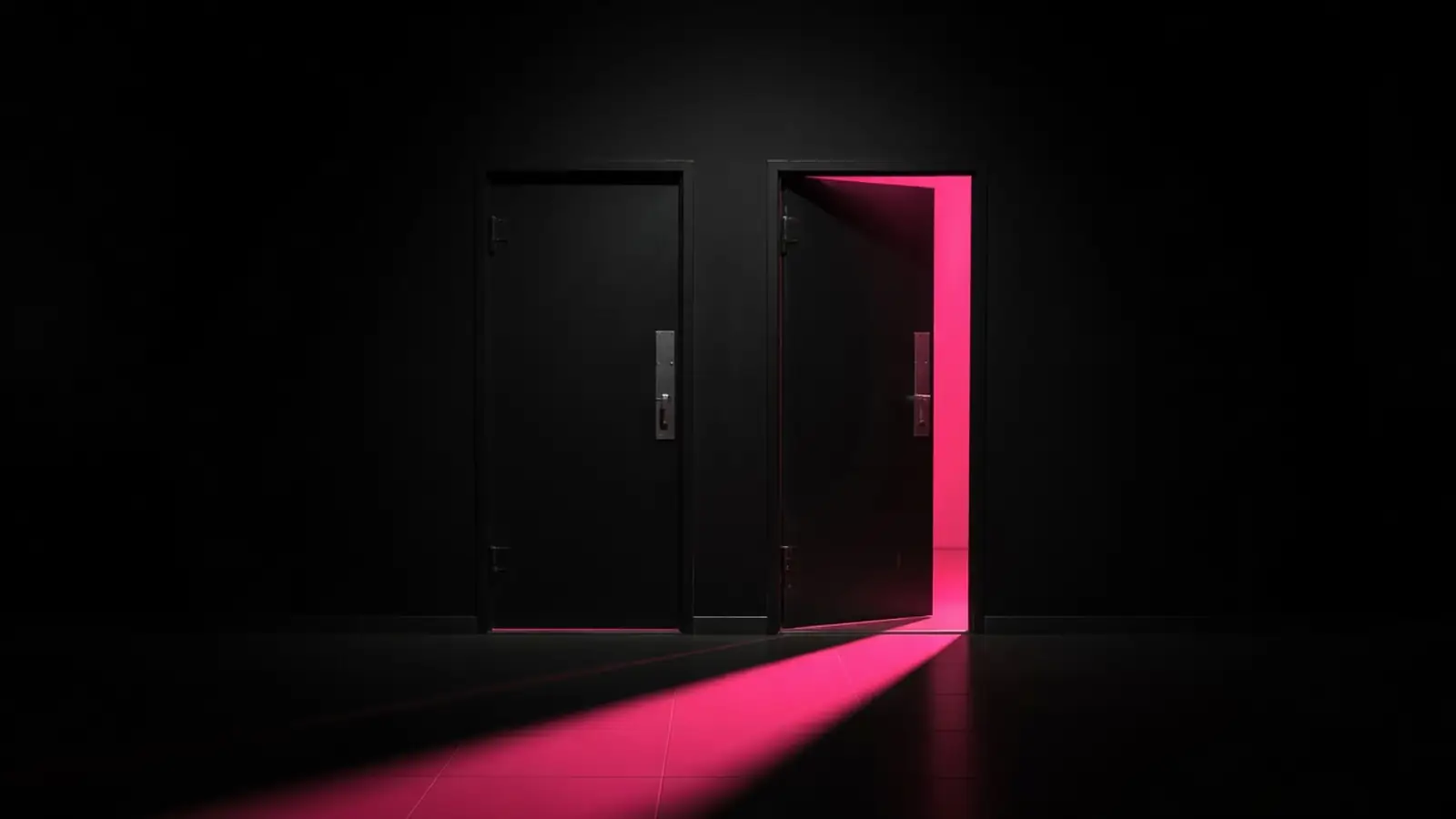 two-way door concept in black and hot pink editorial style, Amelia S. Gagne