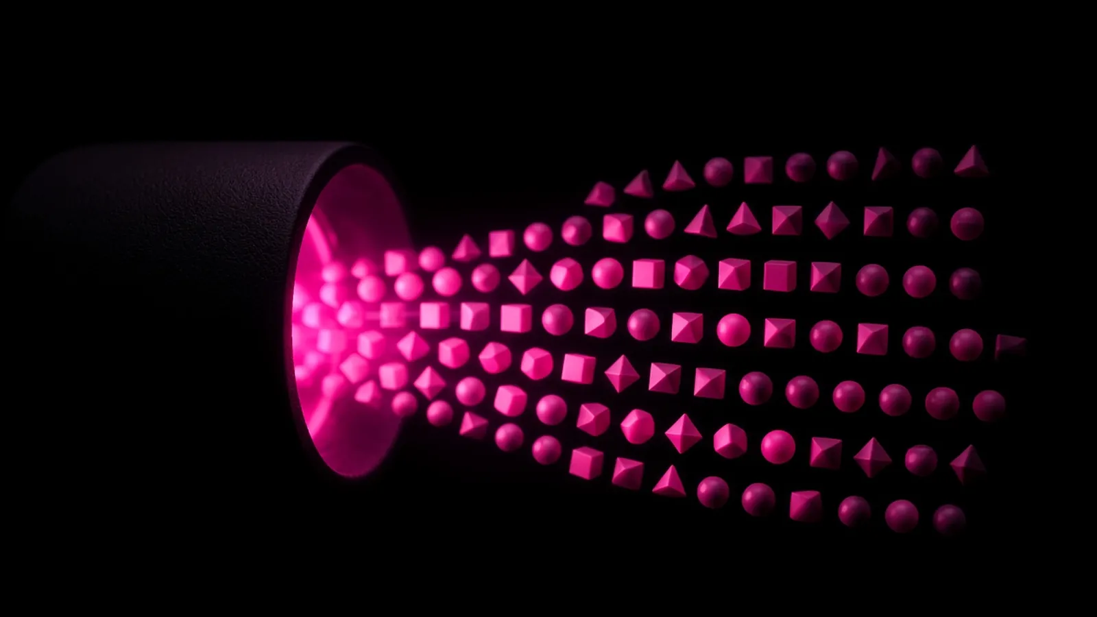 A magenta stream of structured shapes leaving a dark container, data portability in vendor contract exit terms