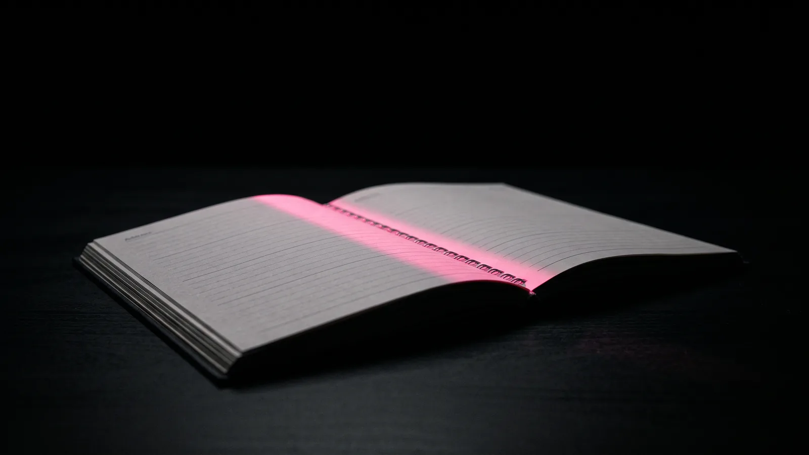 An open address book with blank pages on a black desk under a narrow hot pink light, the known number you call back to stop vishing