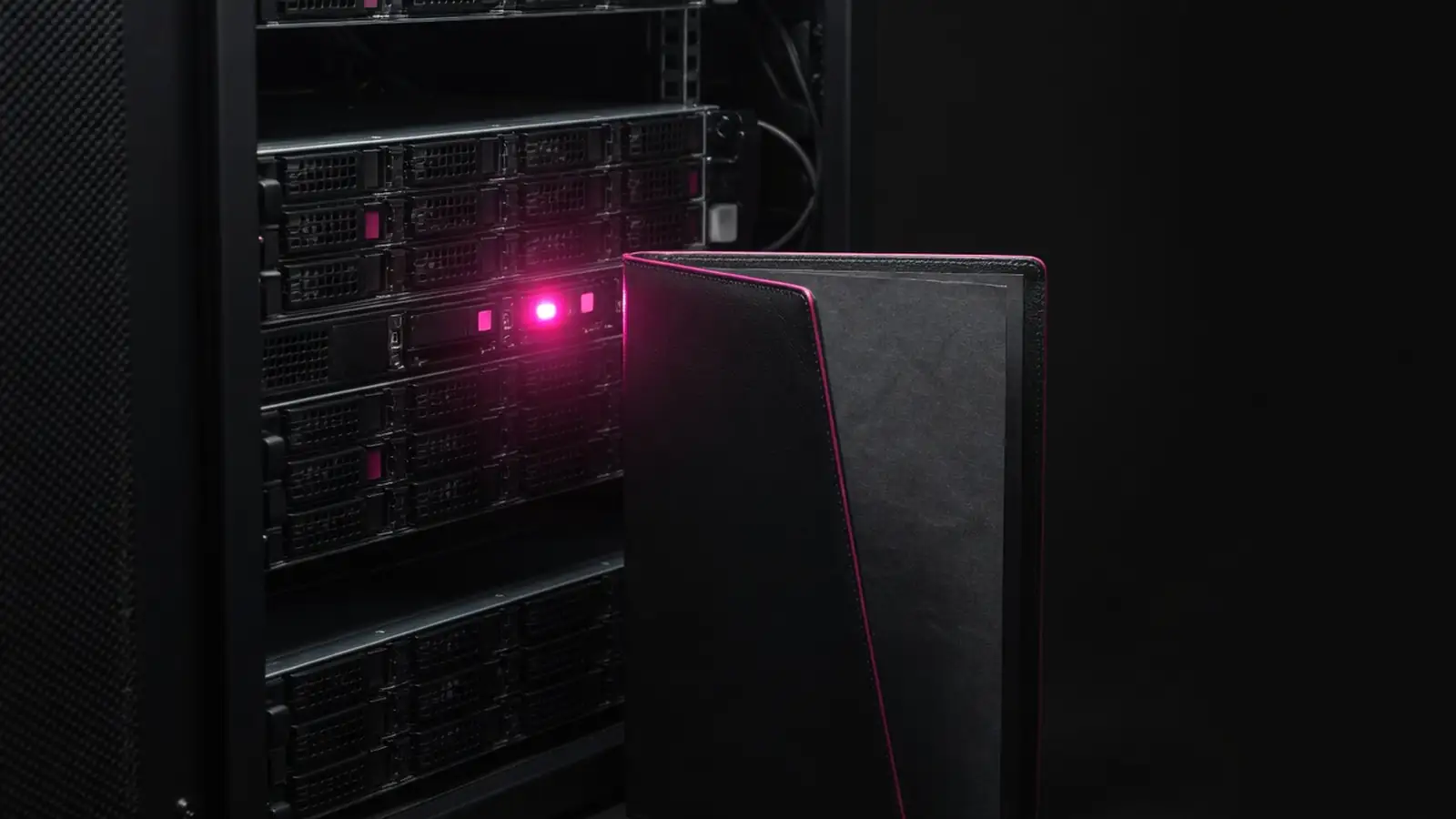 A dark leather folder beside an open server rack lit in magenta, what is included in managed hosting, Amelia S. Gagne