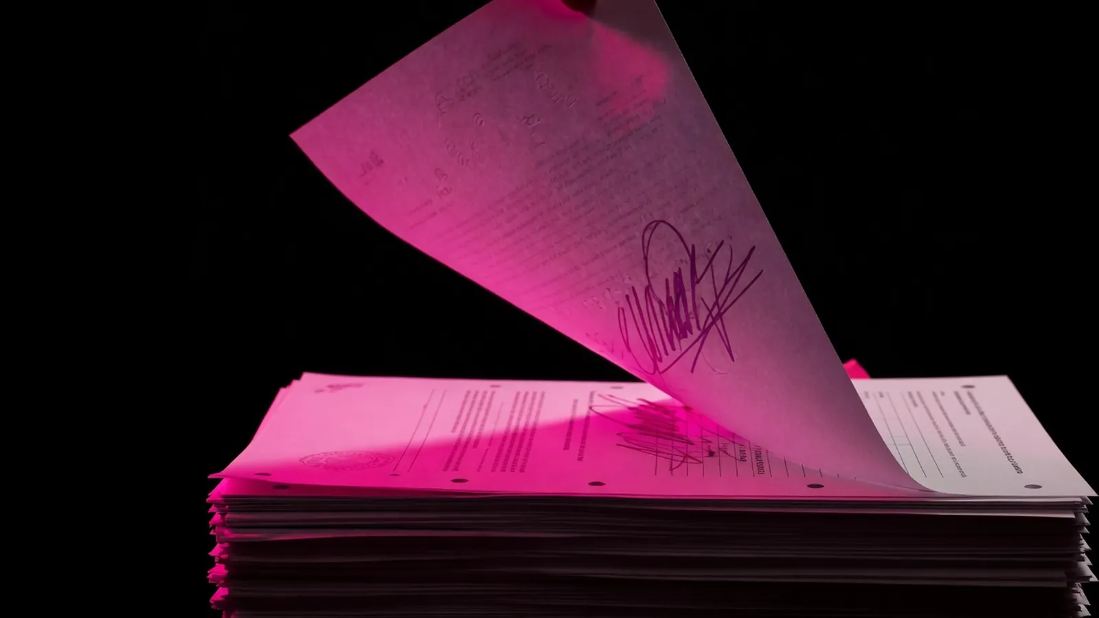 A magenta signed sheet transferring a stack of pages on black, written assignment of website copyright