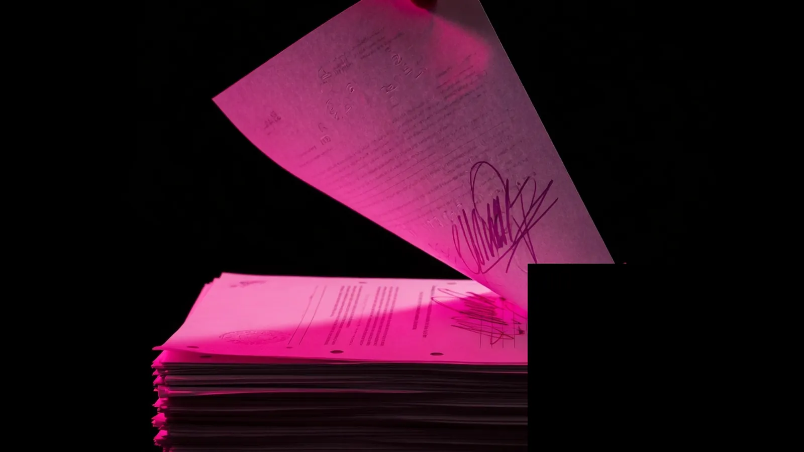 A magenta signed sheet transferring a stack of pages on black, written assignment of website copyright