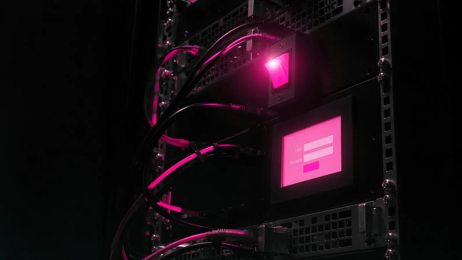 A magenta night-shift switch on a dark rack, retainer holds the operational login