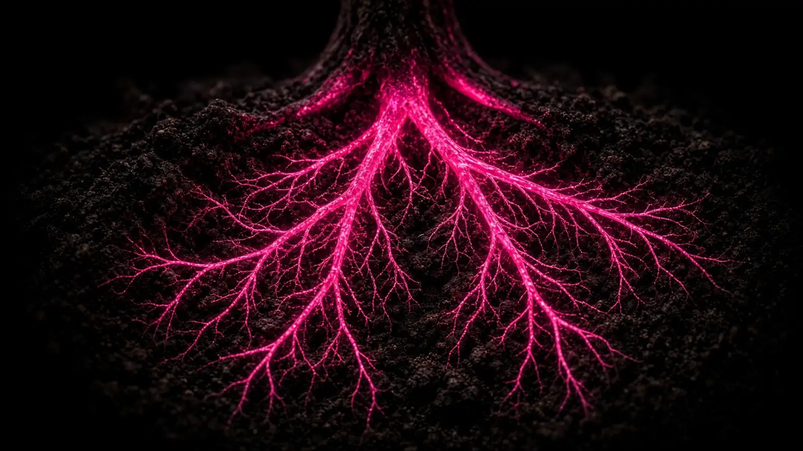 Bioluminescent tree roots spreading through dark earth in hot pink, data lineage in Worcester life sciences startups