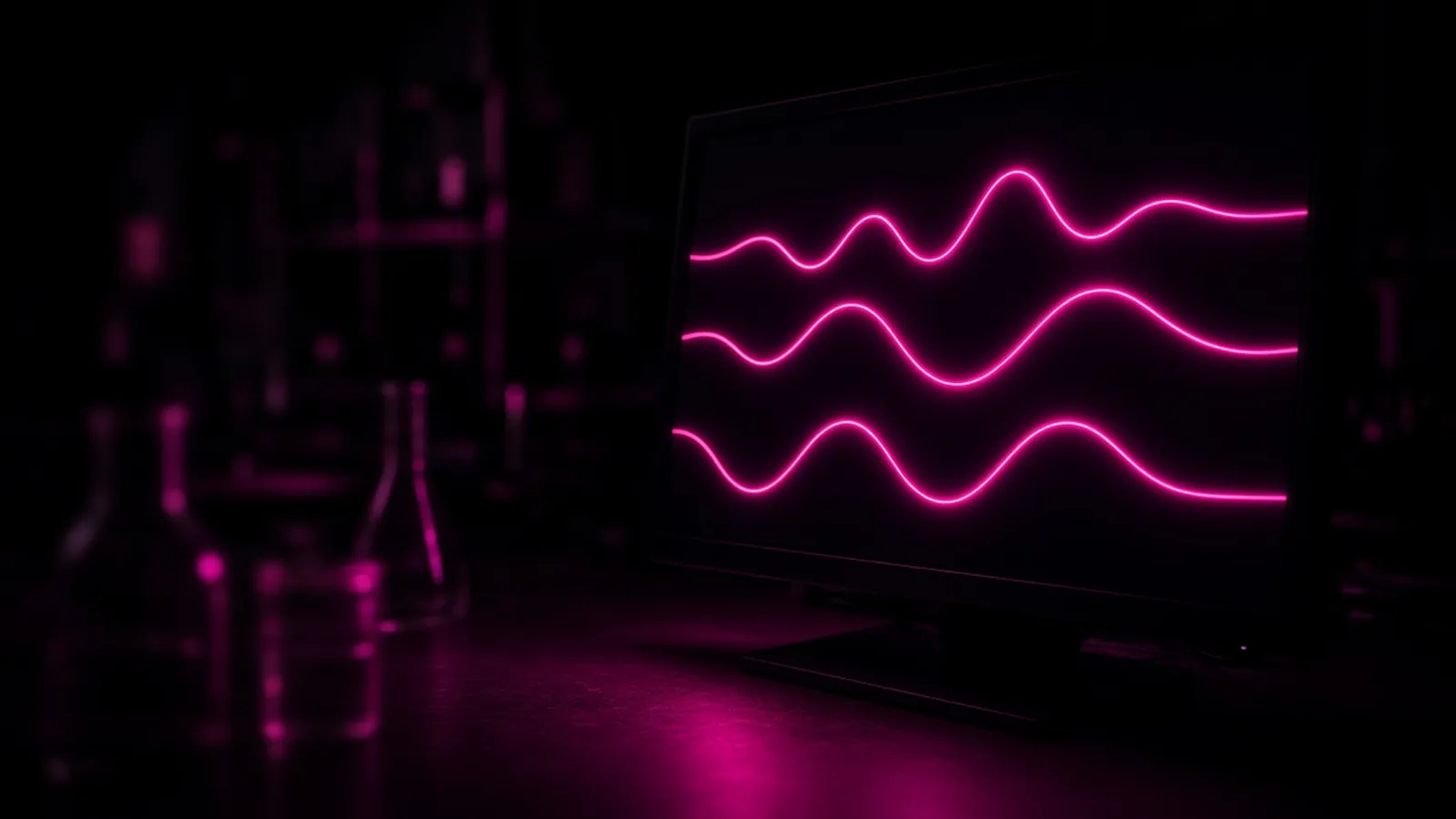 A laboratory monitor in a dark room displaying glowing hot pink data plots, research data management for Worcester life sciences startups