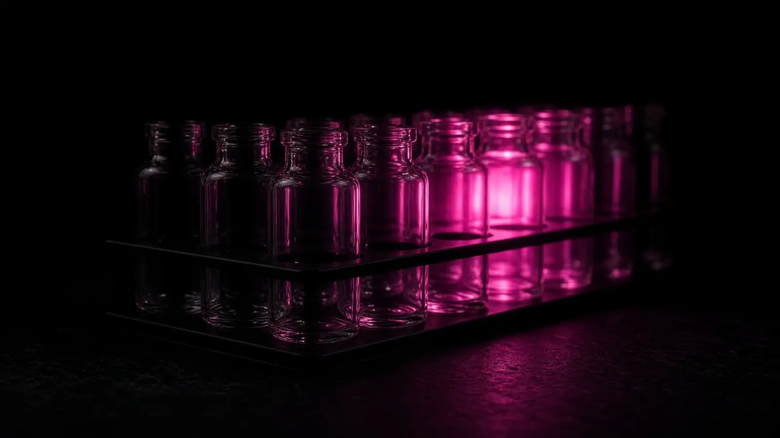 Glass laboratory vials on a dark bench lit by a hot pink glow, systems for Worcester life sciences startups
